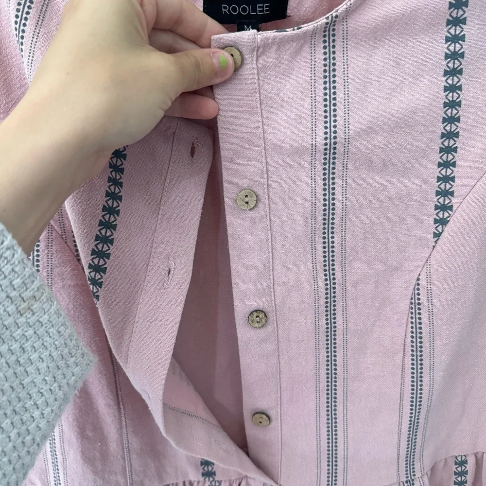 Roolee texture stripe Henley button midi dress half sleeve M - Picture 3 of 6